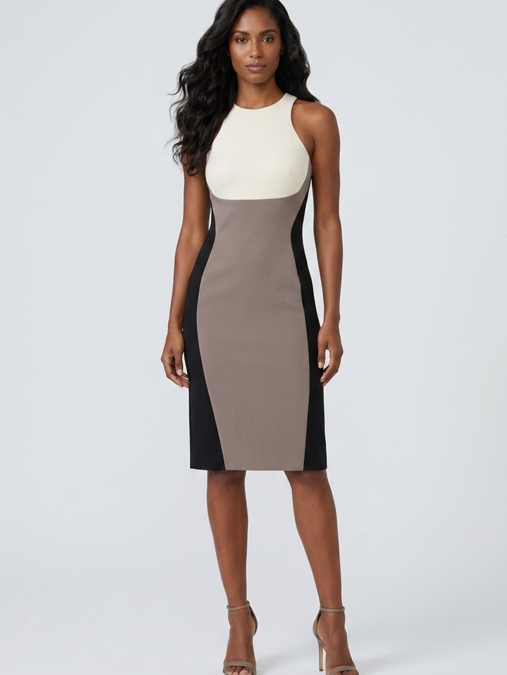 Maggy London Cream Taupe Black Colorblock Midi Dress